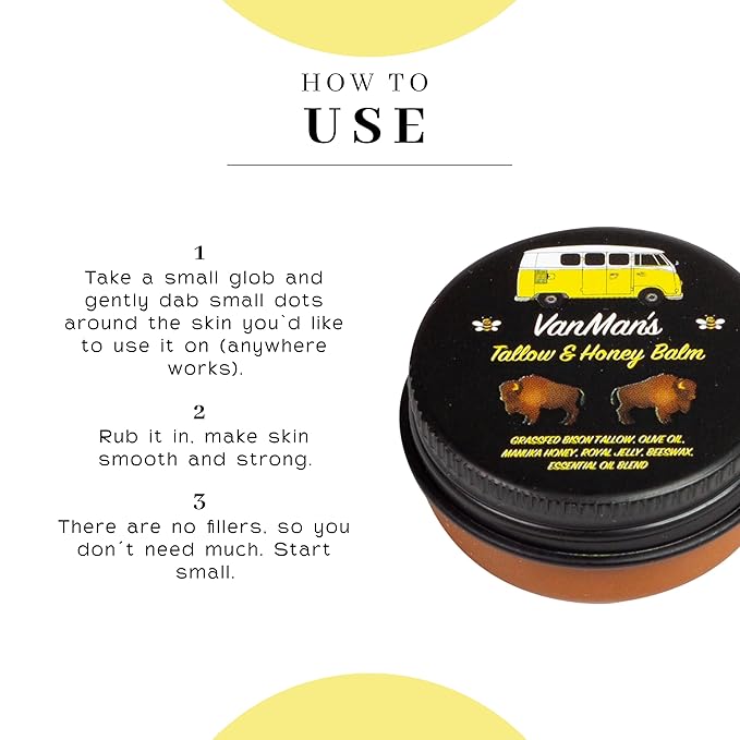 Vanman’s - Tiny Bison Tallow and Honey Balm - Grass-Fed/Finished Bison Tallow and Manuka Honey Cream with Royal Jelly, Essential Oils - Cream for Dry, Delicate Skin - Bison Tallow Skin Care - 0.25 oz