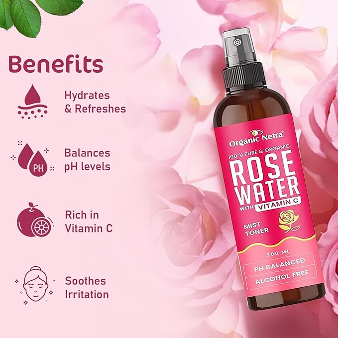 Organic Netra Pure Rose Water Face Toner with Vitamin C,Helps to Hydrate The Skin, Cleanses and tightens The Open pores -Mist Spray for All Skin Type (200 L, Pack of 2)