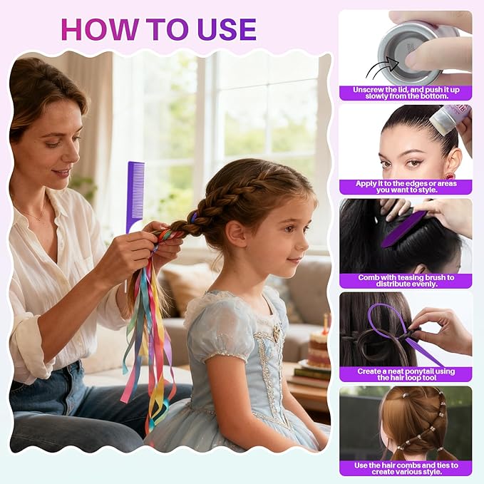 START MAKERS Hair Wax Stick with Slick Back Hair Brush Set, 200Pcs Clear Small Hair Elastics, 2Pcs Hair Tail Loop Styling Tools for Women Teen Girls Kids for Flyaways, Control, Sleek, Ponytail & Buns