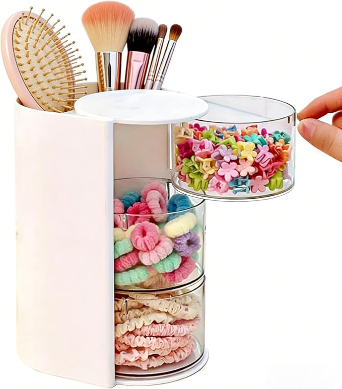 3-Layer Rotating Makeup & Jewelry Organizer with Hair Brush Holder, Vanity Organizer for Earrings, Necklaces, Rings, Bracelets, Hair Clips and Makeup Brushes (White)