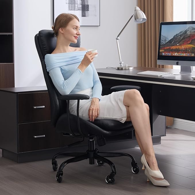Office Chair, Leather Desk Chair with Rubber Wheels, Ergonomic Computer Chair 500 LBS with Lumbar Support, High Back Executive Chair for Modern Home Office, Black