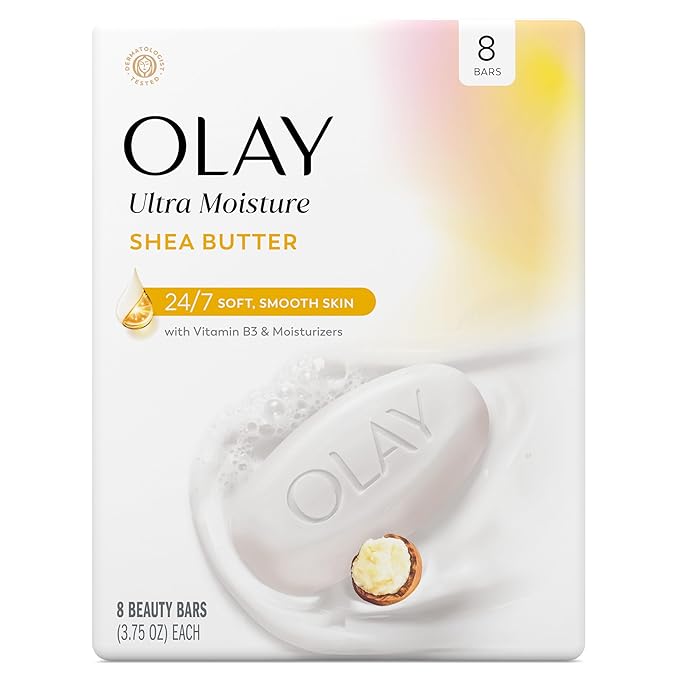 Olay Beauty Bar, Ultra Moisture,10x More Moisturizers, 24/7 Soft & Smooth Skin, Gentle Cleanse on Face & Body, Vitamin B3 Complex, For All Skin Types, Shea Butter Scent, 3.75 oz, (Pack of 8)