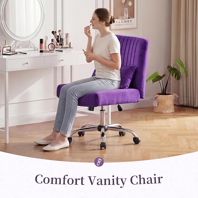 Warmiehomy Velvet Criss Cross Chair with Wheels, Cross Legged Office Chair, Comfy Desk Chair for Home Office, Ergonomic Computer Chair, Wide Seat Vanity Chair, Birthday Gift for Women, Purple