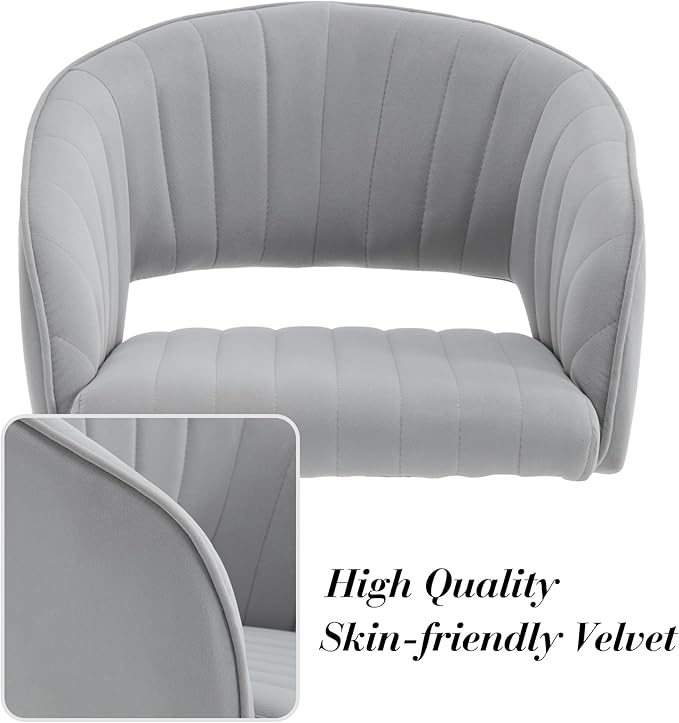 Modern Velvet Vanity Chair, Home Office Desk Chair with Hollow Back, Upholstered Dining Chair with Gold Metal Legs, Comfy Accent Armchair for Living Room Bedroom, Gray