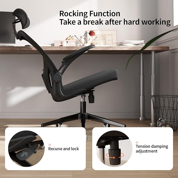 Monhey Office Chair Ergonomic Desk Chair with Lumbar Support&Headrest&Flip-up Arms Height Adjustable Rocking Swivel High Computer Chair Multi-Angle from 90° to 125° with 350LBS Capacity (03All Black)