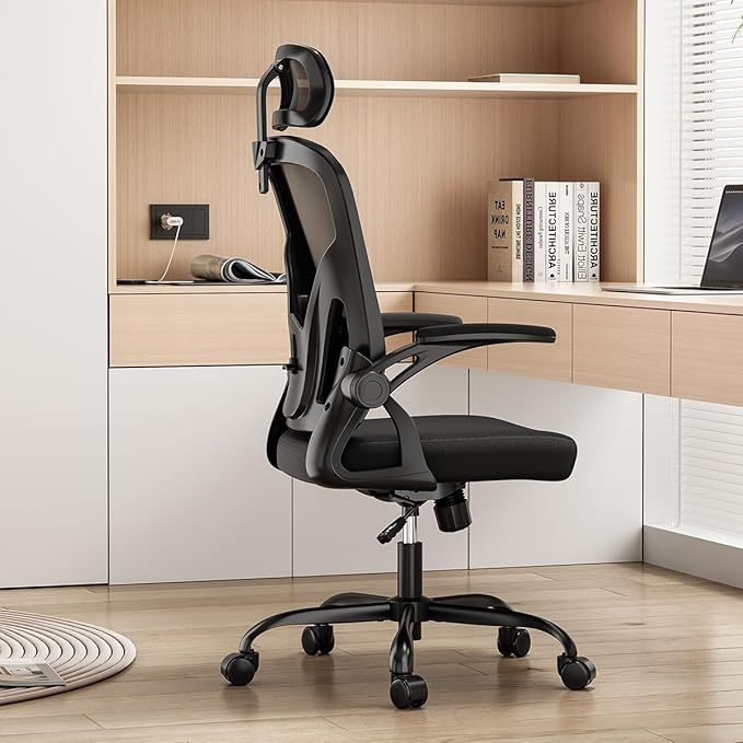 Farini Ergonomic Office Chair, Home Office Desk Chair with Headrest, High Back Swivel Computer Chair with Armrests and Adjustable Lumbar Support for Home Office Study Room, Black & Dark Black