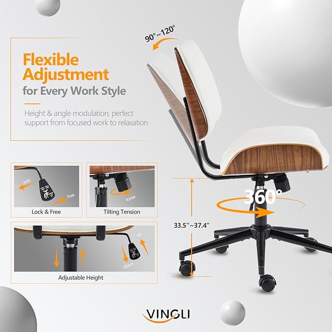 VINGLI Wide Curved Seat&Back Armless Home Office Chair,Ergoromic Adjustable-Height Desk Chair,Swivel&Tilting Function,Stylish Walnut Task Chair for Meeing Room,Dining Room,PU, White