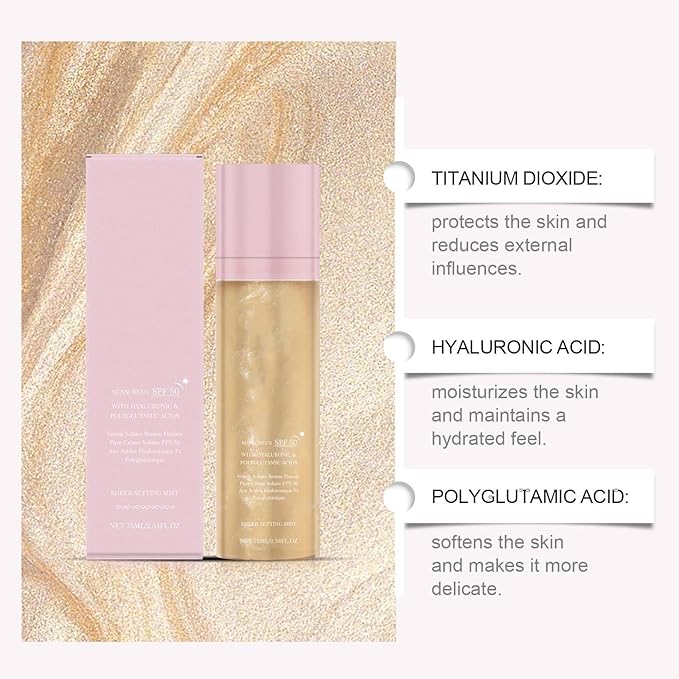 Sunglaze Sheer Setting Mist Sunscreen SPF 50, Broad Spectrum Shimmering Body Oil Mist, Hydrating Makeup-Friendly Glow Spray, Reef-Safe, Non-Greasy & Fast-Absorbing for Face & Body (1)