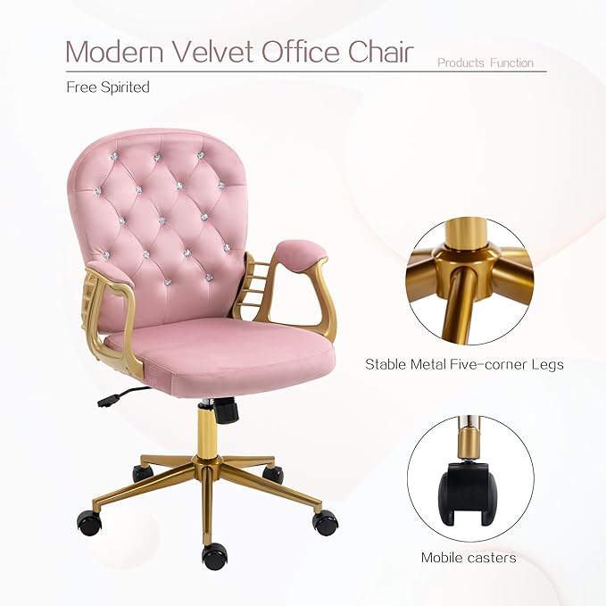 Velvet Home Office Desk Chair Comfy with Gold Legs and Arms, Comfortable Makeup Vanity Chair with Back and Wheels, Button Tufted Armchair Swivel Rolling Study Chair for Girls Women,Pink