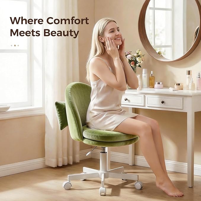 GTPOFFICE Vanity Chair with Back, Adjustable Tall Office Chair High Swivel Bar Stools Fluffy Cute Desk Chair Comfy with Wheels Bow Pillow Armlees for Adults Standing Desk Bar, Soft Velvet, Green