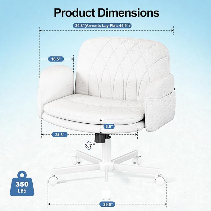 Misolant Fabric Criss Cross Chair with Armrests & Wheels for Cross-Legged Sitting, Comfortable PU Leather Vanity Chair, Office Desk Chairs with Adjustable Rocking Function, for Home, Bedroom White