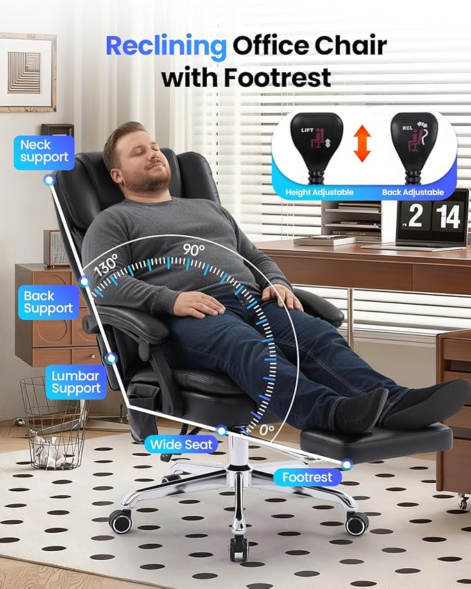 500LBS Big and Tall Office Chair with 3D Kneading Massage Lumbar Support, Office Chairs for Back Pain Relief, Ergonomic Comfort 130° Reclining Desk Chairs Managerial Chairs for Heavy People