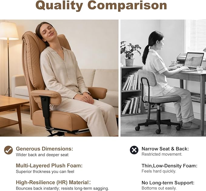 Big and Tall Office Chair 400lbs Wide Seat, Leather High Back Executive Office Chair with Foot Rest, Ergonomic Chairs Lumbar Support for Lower Back Pain Relief, All-Day Comfort (Brown)