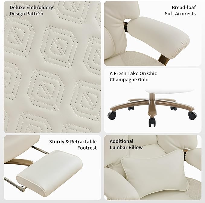 Big and Tall Executive Office Chair with Footrest, 400LBS Capacity Ergonomic High-Back Desk Office Chair with Lumbar Support, Padded Armrests & Thick Cushion, White PU Leather Chairs