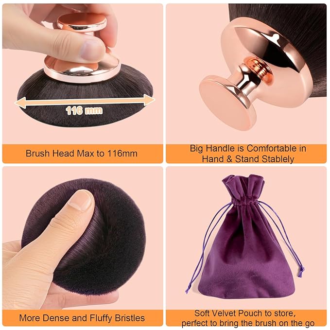 Blend & Blur Extra Large Body Makeup Brush for Self Tanner,Leg Makeup & Bronzer Self Tan Applicator, 90mm Wide Round Head Kabuki Brush For Application with Drawstring Bag (Rose Gold + Brown)