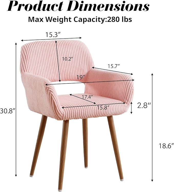 HENJIANYI Home Office Corduroy Desk Chair, Makeup Vanity Chair, Comfy Accent Armchair with Wood Grain Metal Legs, Cute Dining with Hollowed Back, Pink
