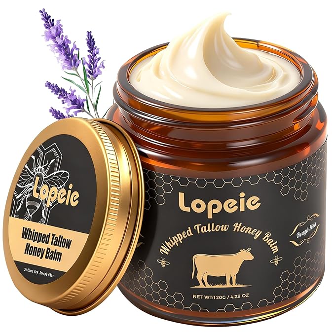 Upgraded Organic Beef Tallow for Skin & Face – Whipped Grass-Fed Tallow and Honey Balm for Dry, Sensitive Skin, Natural Hydrating Face Moisturizer with Raw Honey (Lavender)