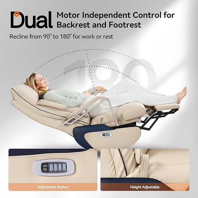 M80A Dual Motor Electric Executive Office Chair with Footrest, Comfortable Reclining Office Chair Wide Seat, Big and Tall Ergonomic Leather Home Office Desk Chair (Beige,Multi-Functionality)