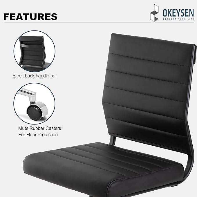 Okeysen Office Desk Chair No Arms, Mid Back Ergonomic Swivel Black Armless Conference Room Chairs, Adjustable Height PU Leather Home Desk Chair, Modern Small Rolling Computer Task Chair