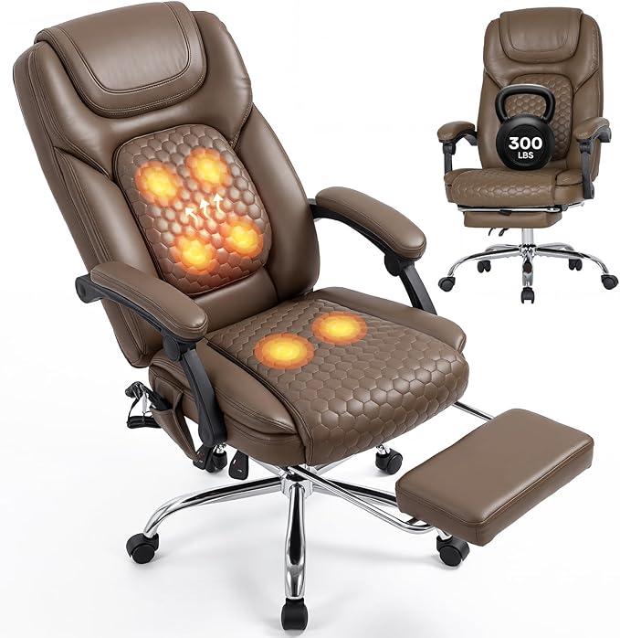 Massage Office Chair with 3-Level Heat and Footrest – 20-Min Easy Assembly, 300 lbs Big and Tall Reclining Desk Chair, PU Leather Ergonomic Executive Computer Chair with Side Pocket, Brown