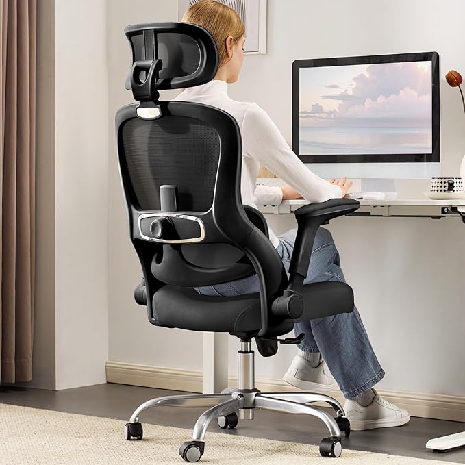 Office Chair - Ergonomic Desk Chair with Adjustable Headrest Lumbar Support Computer Chair - Mesh Comfy Chairs with Flip-up Armrests - Big and Tall Gaming Chairs for Adults Home Office(Black)