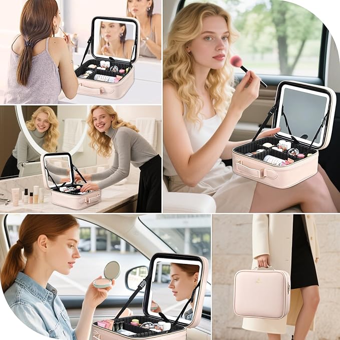 Travel Makeup Bag with LED Mirror 3 Color Modes,10.2-in Pink Vegan Leather Makeup Organizer Bag with Adjustable EVA Dividers and Independent Brush Panel