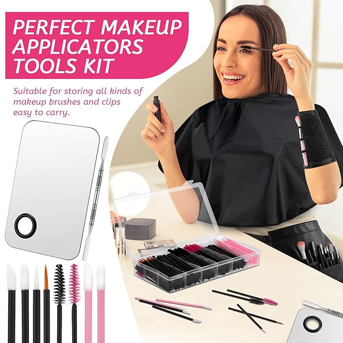 268 Pieces Disposable Makeup Tools Kit, Includes Eyeliner Brushes Makeup Short Waterproof Cape Stainless Steel Palette Mascara Wands Lipstick Applicators Plastic Organizer Box Bag Armband Cleaner