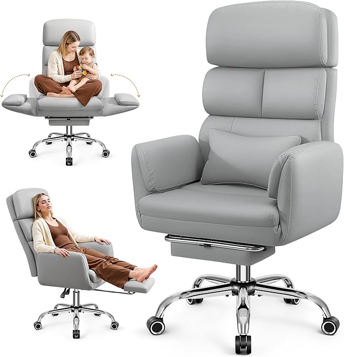 Big and Tall Office Chair 500LBS, Ergonomic High Back Leather Executive Chair, Reclining Swivel with Adjustable Armrests Lumbar Support Footrest, Cross Legged, Light Gray