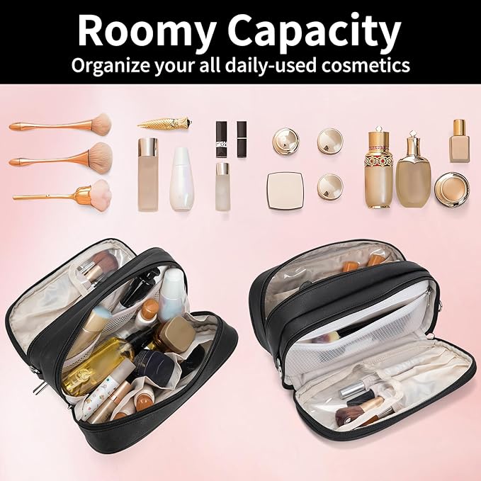 Makeup Bag for Women, Wide-open Makeup Organizer with Makeup Brush Holder, Waterproof Cosmetic Bag with Compartment, Portable Travel-Size Toiletry Bag for Traveling, Large Make Up Bag (Black)