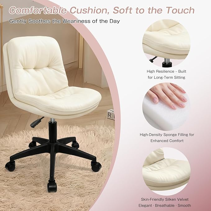 Office Chair, Ergonomic Desk Chair with Padded Cushion & Backrest, Adjustable Height & 360° Swivel, Armless Task Chair for Home Office, Computer Desk & Vanity Beige