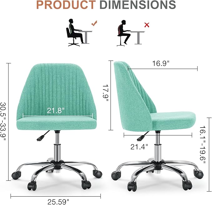 DUMOS Office Chair, Comfy Desk Chair Rolling Vanity Swivel Task Chairs with Wheels, Wide Seating Armless Height Adjustable Computer Chairs for Home,Bedroom,Student,Adults, Aqua