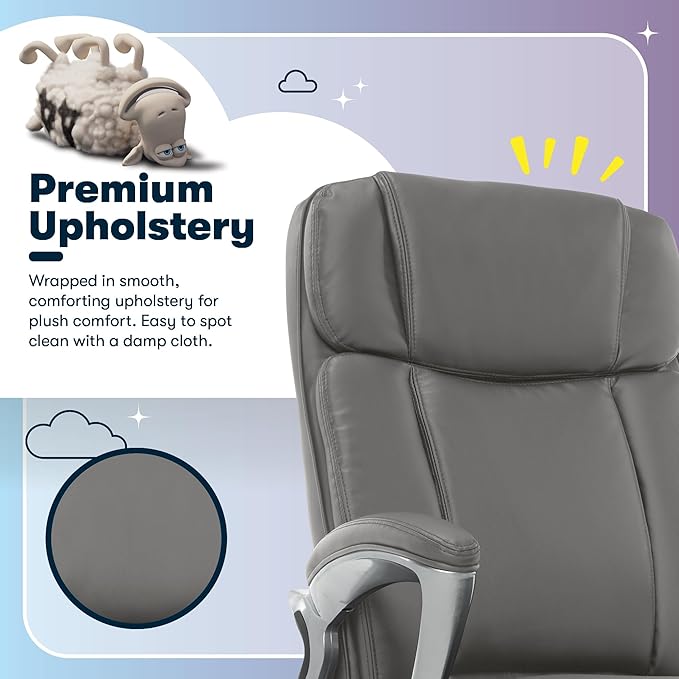 Serta Fairbanks Big and Tall Executive Office Chair - Ergonomic High Back Computer Desk Chair with Lumbar Support, Memory Foam Seat Cushion, Padded Armrests, Bonded Leather, 350 lb Capacity - Gray