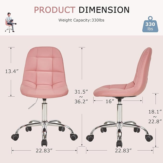 VECELO Stylish Height Adjustable Faux Leather Vanity Chair, Modern Swivel Makeup Chair with Rolling Wheels, Comfortable Padded Task Chair for Bedroom, Dressing Room & Home Office – Pink
