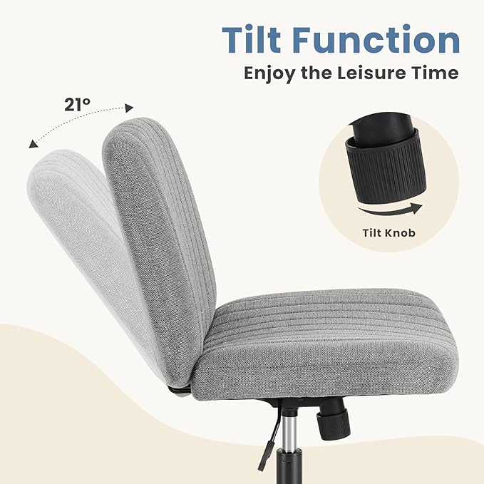 DUMOS Criss Cross Legged Chair Wide Comfy Home Office Desk Seat, No Wheels Armless Computer Task Seating, Swivel Vanity Chair Height Adjustable for Makeup Bedroom, Fabric Gay