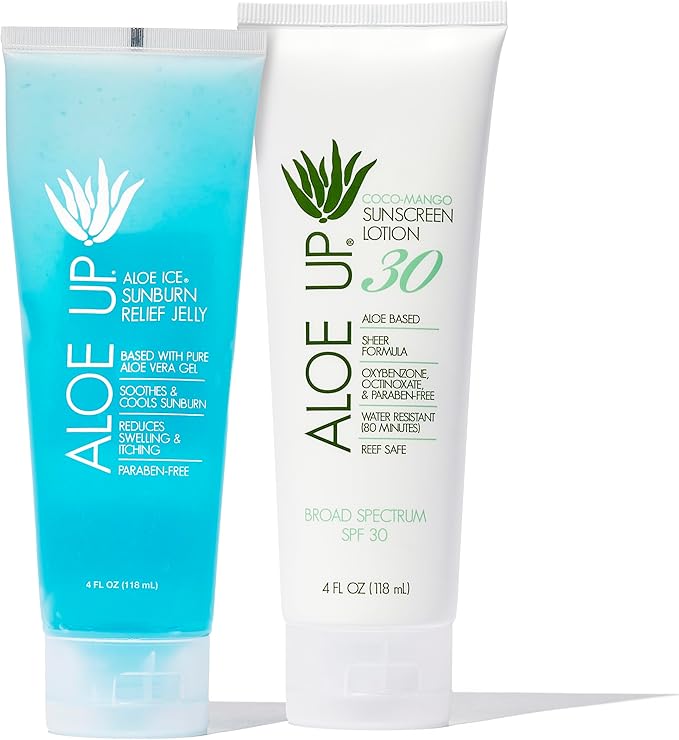 ALOE UP White Collection Sunscreen Lotion SPF 30 and Aloe Ice Sunburn Relief Jelly - Bundle with Face and Body Sunscreen Protector and After Sun Gel - With Pure Aloe Vera - Reef Friendly - 2 Items