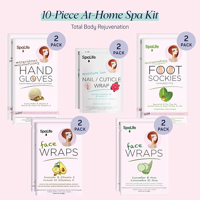 SpaLife 10 Piece Korean Face Mask & Moisturizing Hand Gloves Set | Foot Mask Socks for Dry Cracked Hands & Feet | Korean Skincare Cuticle Repair Mask Women | Self Care Gifts for Women | 10 Pack