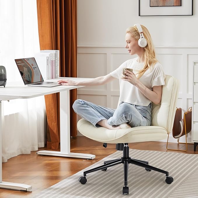 OLIXIS Criss Cross Chair with Wheels, Armless Wide Cross Legged Vanity Office Desk Chair with Comfy PU Leather& Back - Swivel for Home Office Bedroom, Beige