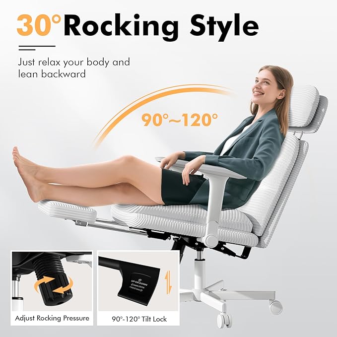 Criss Cross Chair with Wheels & Flip-up Arms, Executive Office Chair with Foot Rest, Swivel Cross Legged Office Chair with Lumbar Pillow, Corduroy Comfy Computer Desk Chair for Home, White