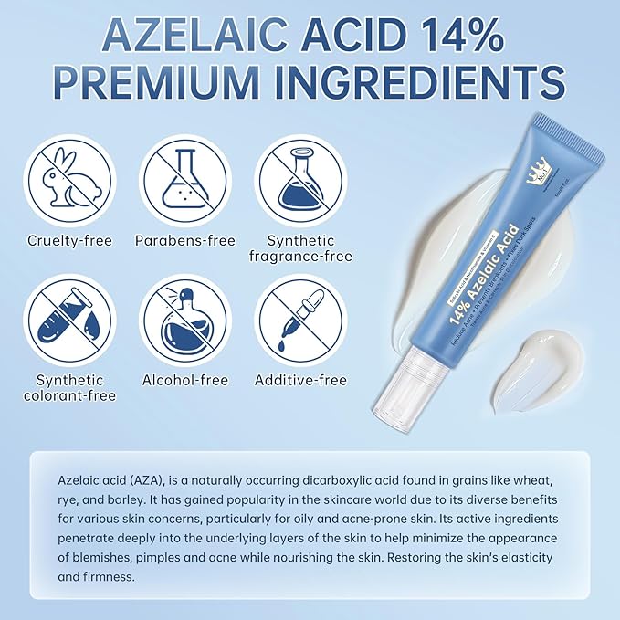 Azelaic Acid 14% Acne Cream for Redness Relief, Dark Spots, Facial Serum with Niacinamide & Vitamin C Prevent Acne Breakouts, Azelaic Acid Serum for Balance Excess Sebum & Soothe Irritation, 1 Oz.