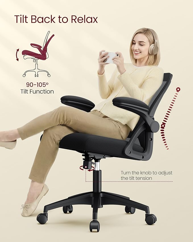 VASAGLE Ergonomic Mesh Office Chair with Adjustable Lumbar Support, 90-105° Tilt Function, Wide Seat, Flip‑Up Armrests, Computer Desk Chair for Home Office, Ink Black UOBN045BH01S