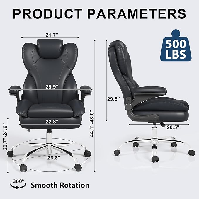 Hovos Office Chair, Ergonomic Big and Tall Desk Leather Chair with Padded Flip-up Arms, Adjustable Tilt Lock, Heavy Duty Swivel Rolling Computer Chair for Home Office, Black