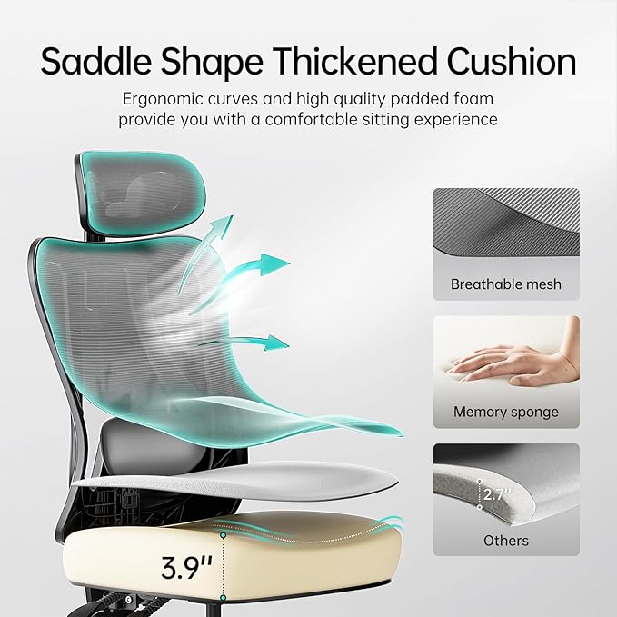 Hbada P3 Ergonnomic Office Chair with 2D Adjustable Lumbar Support, Office Chair with Adjustable Headrest and Armrest, 145° Stepless Tilt Function, Grey(No Footrest)