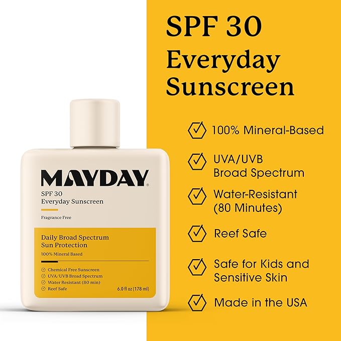 MAYDAY SPF 30 Everyday Sunscreen – Chemical-Free, Fragrance-Free, Water-Resistant Broad Spectrum Protection for Face & Body – Suitable for All Skin Types – 6 oz (178ml)