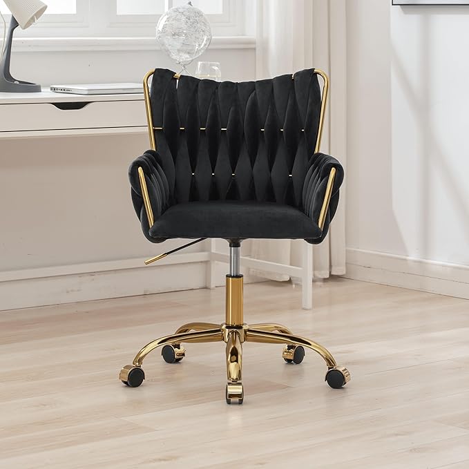 Westice Velvet Desk Chair, Home Office Gold Comfy Chair with Hand Woven High Back, Height Adjustable Swivel Chair with Comfy Upholster for Makeup Vanity Living Room Bedroom, Black