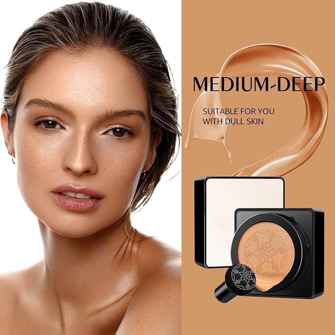 Air Cushion CC Cream - Long-Lasting Brightening Mushroom Head BB Cream Foundation for Face Makeup, Moisturizing Full Coverage Self Adjusting Concealer for Even Skin Tone, Medium Deep, 1 PCS