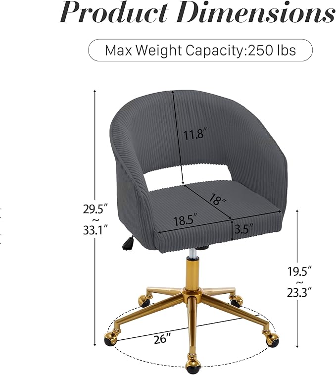 Home Office Swivel Desk Chair, Modern Corduroy Vanity Chair, Height Adjustable Armchair with Gold Base, Ergonomic Office Chair for Task Study Computer Room, Gray