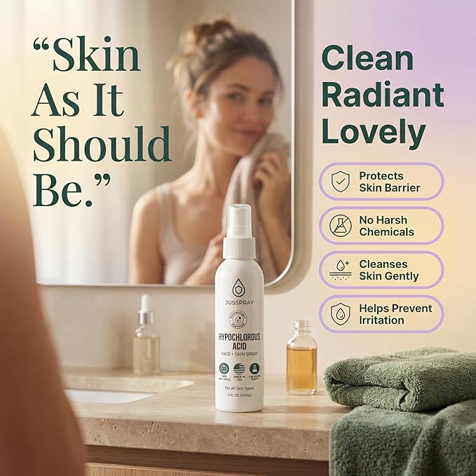Jusspray™ Hypochlorous Acid Spray for Face and Skin | HOCI Facial Cleanser Mist | 32oz Refill Hypochlorous Acid for Face, Skin, Acne, Eczema, Body Acne Sprays, Piercing Aftercare, Wound Solution