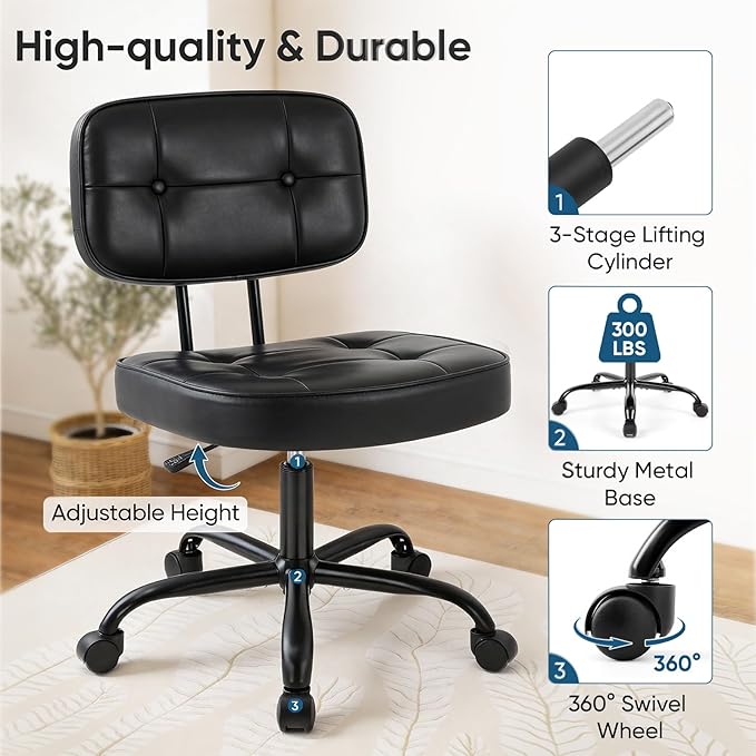 DUMOS Home Office Desk Chair - Ergonomic Armless PU Leather Computer Rolling Task Chair，with Comfy Lumbar Support and Height Adjustable, Vanity, Bedroom, Black