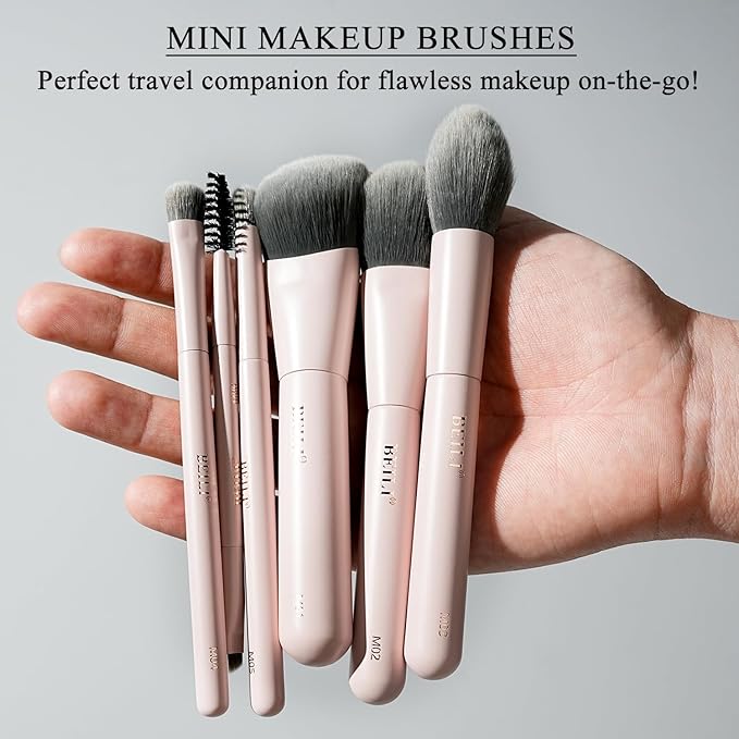 BEILI Mini 6Pcs Makeup Brush Set – Soft Pink, Travel Makeup Brushes for Foundation, Contour, Highlighter & Blending, Includes Sponge and Gift-Ready Box
