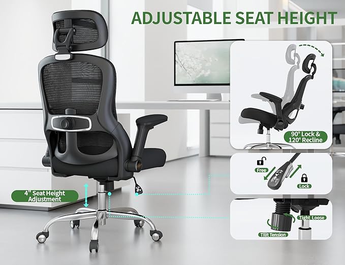 Office Chair - Ergonomic Desk Chair with Adjustable Headrest Lumbar Support Computer Chair - Mesh Comfy Chairs with Flip-up Armrests - Big and Tall Gaming Chairs for Adults Home Office(Black)
